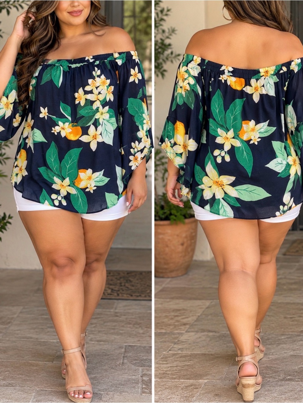 Navy Floral & Citrus Off-Shoulder Swim Cover-Up